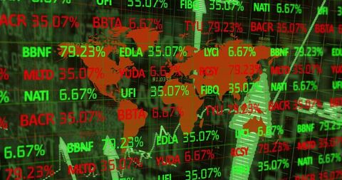 Global market data overlay showing orange world map with live tickers and percentages