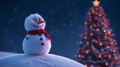 Whimsical Snowman Overlooking Christmas Tree with Winter Snowfall