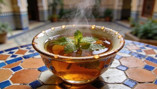Steaming moroccan mint tea in glass bowl with gold rim on colorful mosaic courtyard table
