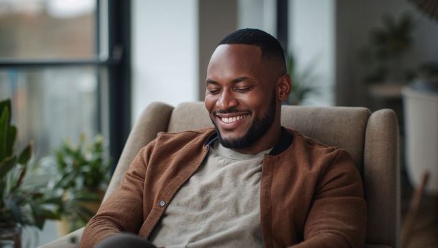 Smiling Man Relaxing in Cozy Modern Living Room with Natural Light