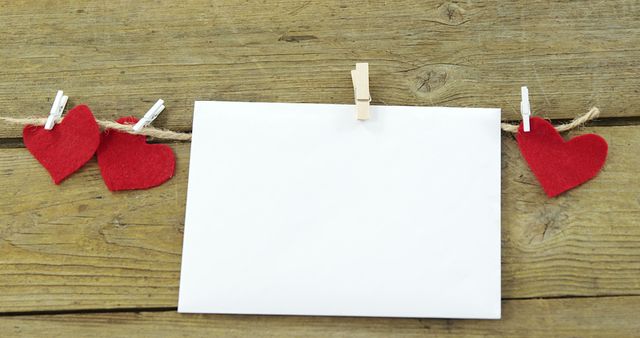 A blank white paper hangs on a clothesline with red heart-shaped felt decorations, with copy space. Ideal for a romantic message or Valentine's Day concept, the setup evokes feelings of love and affection.