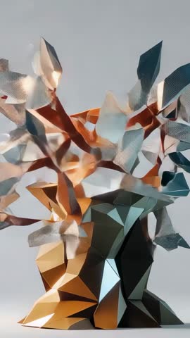 Vertical video camera arcing around low-poly metallic tree sculpture with silver leaves