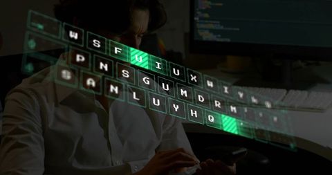 Developer Holding Smartphone with Futuristic Holographic Keyboard and Code on Monitor