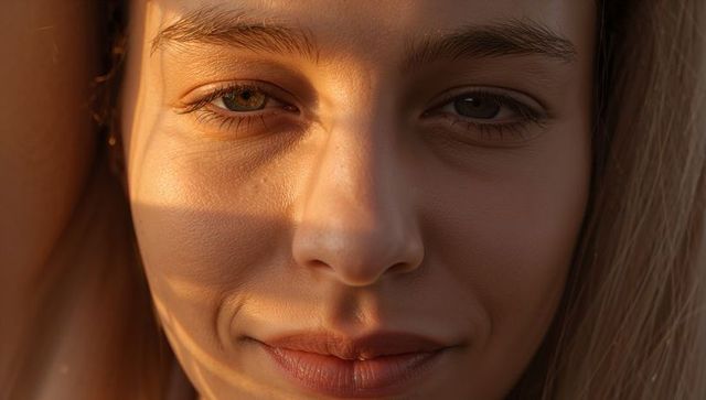 Young woman smiling softly in golden hour closeup showing natural skin texture and warm glow