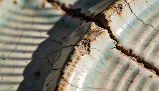 Macro close-up of glazed ceramic tile showing crazing, chipped edges and rusted patina
