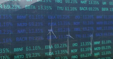 Wind turbines spinning overlaid with renewable energy market data and investment percent