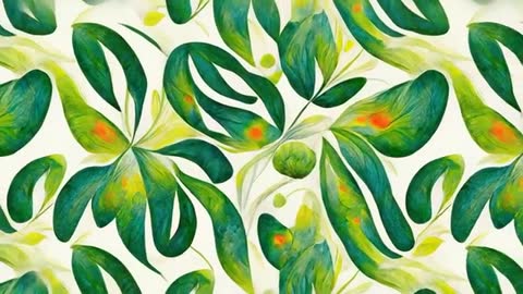 Vibrant Botanical Pattern with Green Leaves and Orange Accents