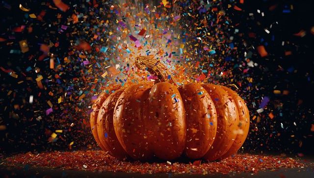 Glossy Pumpkin with Falling Confetti Celebrating Autumn