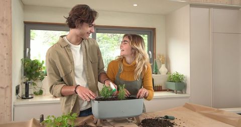 Friends Enjoying Indoor Herb Gardening at Kitchen Counter