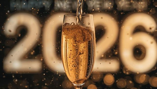 Champagne flute pouring against 2026 bokeh backdrop for New Year celebration toast