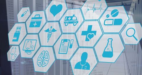 Medical icons overlaying computer servers for global healthcare concept