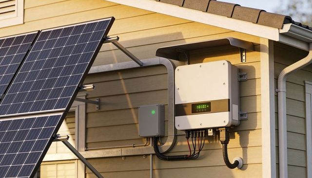 Residential solar string inverter mounted on siding with rooftop panels, conduit wiring and junction