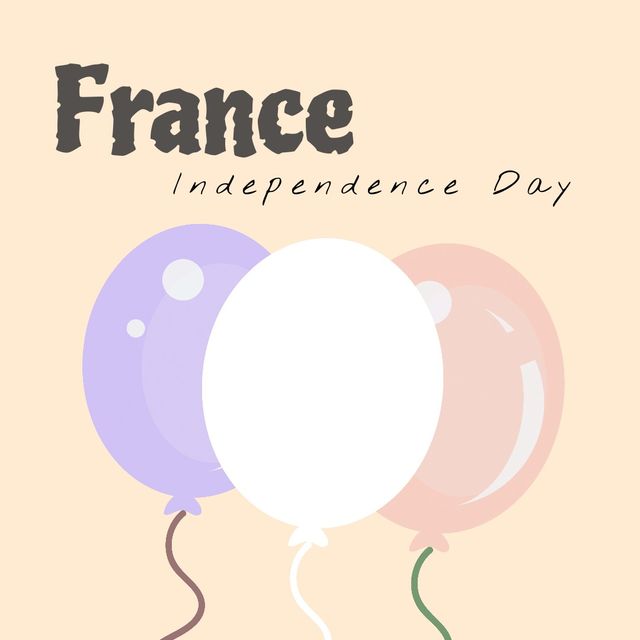 Illustration featuring 'France Independence Day' text with colorful balloons on a peach background. Great for promoting national events, festive decorations, and celebration invitations around French Independence Day.