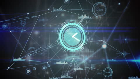 Digital Clock Overlaying Network of Connections Animation