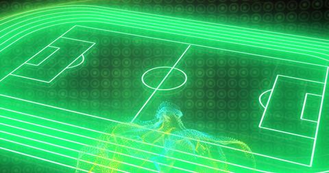 Futuristic soccer field with digital data graphics