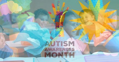 Celebrating autism awareness month with happy schoolchildren