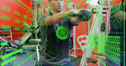 Male athlete performing cable pull with augmented reality fitness hud and data overlay