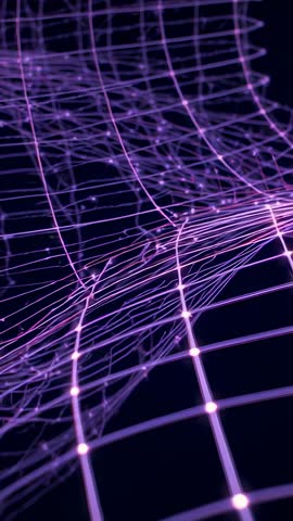 Vertical neon wireframe rippling with pulsing nodes, parallax waves and glowing lattice