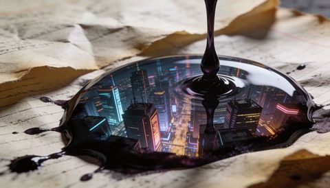 Surreal neon city pouring from ink puddle on aged lined paper, miniature urban reflection