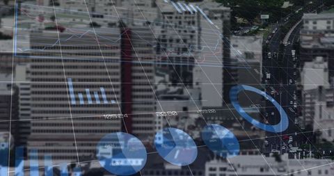 Futuristic Data Visualization Over Cityscape with Charts and Graph