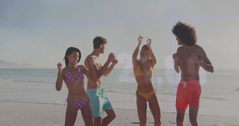 Young Friends on Beach With Digital Financial Data Overlay - Download Free Stock Images Pikwizard.com