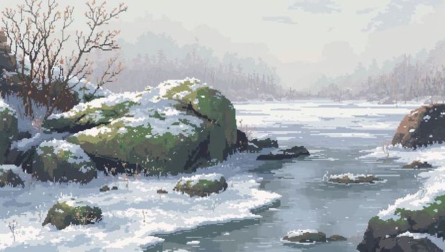 Moss-covered boulder on snowy riverbank with partially frozen stream and misty trees