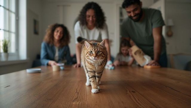 Curious tabby cat walking along long wooden dining table while family watches and plays