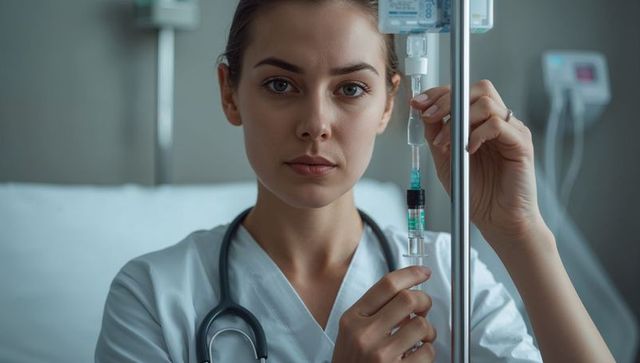 Young female nurse adjusting iv line while preparing infusion at hospital bedside
