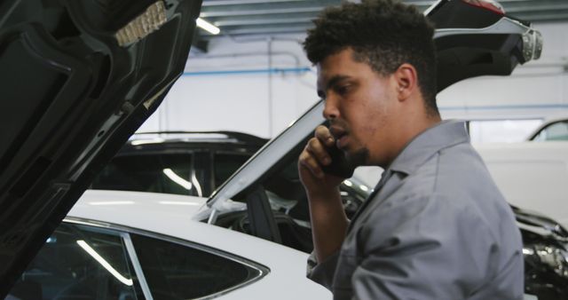 Auto Mechanic on Phone Call in Garage Repair Shop - Download Free Stock Images Pikwizard.com