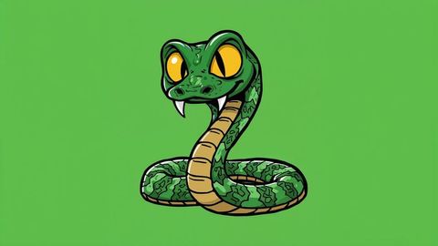 Playful cartoon king cobra on green background with fangs and yellow eyes