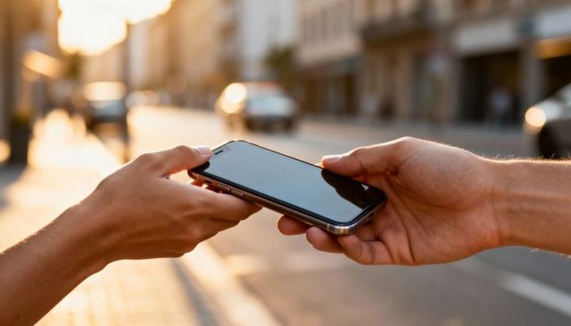 Hands Passing Smartphone for Handoff or Mobile Payment on Sunlit Urban Street during Golden Hour