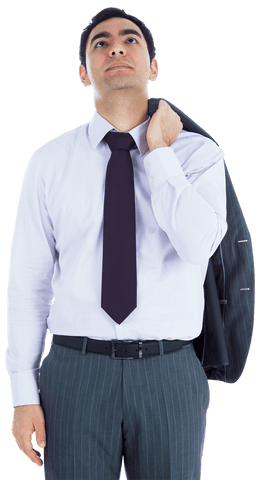 Thoughtful businessman holding jacket in contemplation transparent background