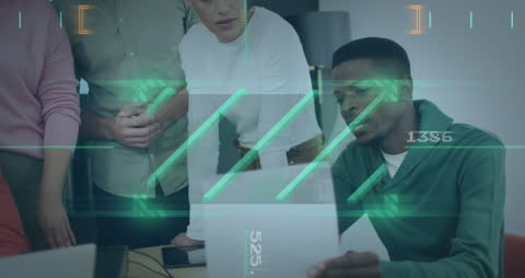 Diverse Team Collaborating with Digital Data Interface Overlay