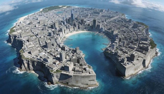 Fortified circular island city ringing turquoise lagoon with dramatic cliffs and seawalls