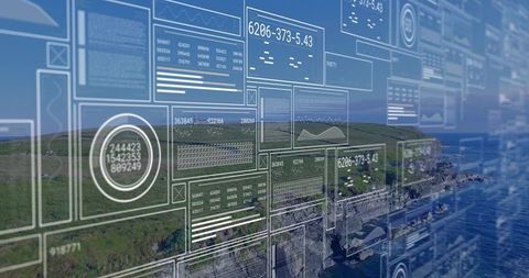 Displaying augmented data overlay over coastal cliffs with transparent analytics panels