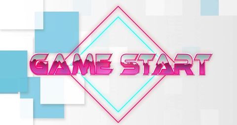 Neon game start splash screen with pink retro synthwave diamond glow and 3d tiles
