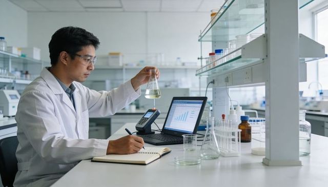 Scientist conducting liquid analysis while taking notes in modern laboratory