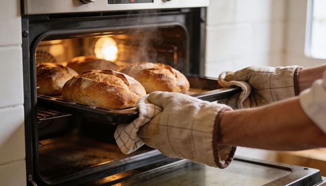 Hands pulling tray of rustic artisan sourdough loaves from oven, steam rising in warm glow