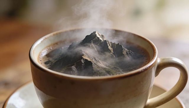 Steaming Mountain Emerging from Ceramic Coffee Cup Surreal Miniature Landscape Concept