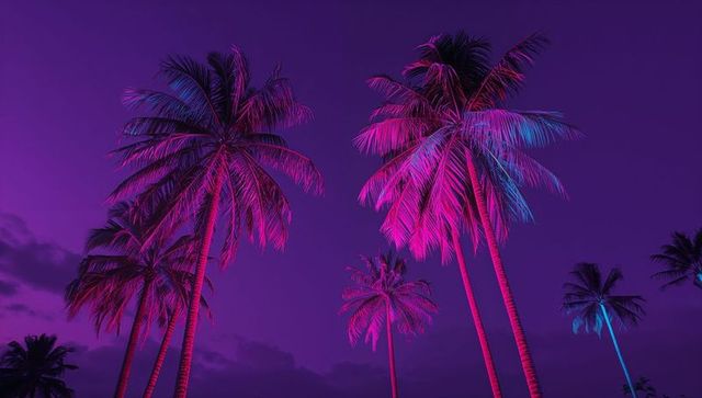 Surreal neon palm trees under vibrant dusk sky