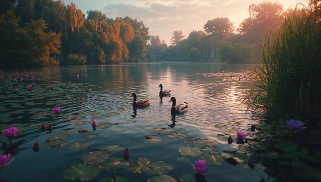 Ducks gliding serenely on pond at golden hour