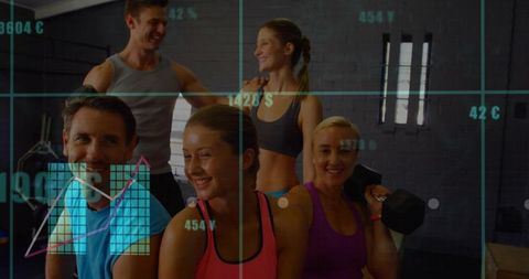 Group Fitness Team Working Out with Trainer and Digital Performance Overlay in Modern Gym