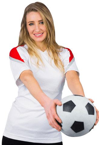 Smiling Female Football Fan Holding Soccer Ball Transparent Background