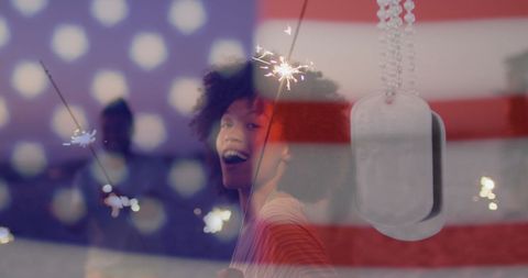 Joyful Woman Celebrating with Sparklers and USA Flag Overlay - Download Free Stock Images Pikwizard.com
