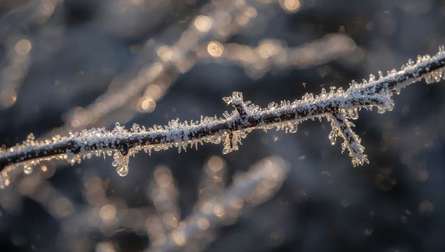 Glittering hoarfrost and frozen droplets on hedgerow twig at sunrise with golden bokeh