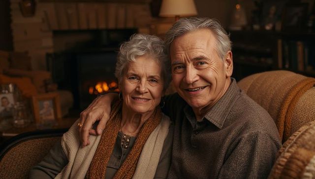 Smiling senior couple cuddling on couch by fireplace, cozy at-home retirement lifestyle
