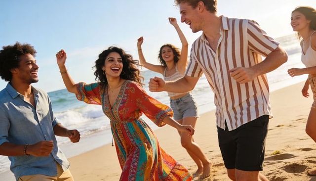 Friends dancing and running along sunlit beach at golden hour celebrating summer joy