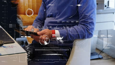 Optometrist Using Digital Tablet in Modern Clinic with Futuristic Interface