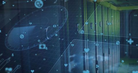 Holographic ar hud projecting health and security data overlay across server corridor