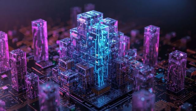 Cyberpunk Microchip Metropolis with Neon Circuit Towers and Futuristic PCB Skyline
